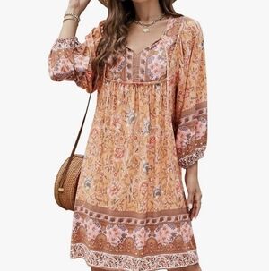 Bluetime Women Medium Casual Boho Gypsy Vacation Hippie Dress Orange Floral